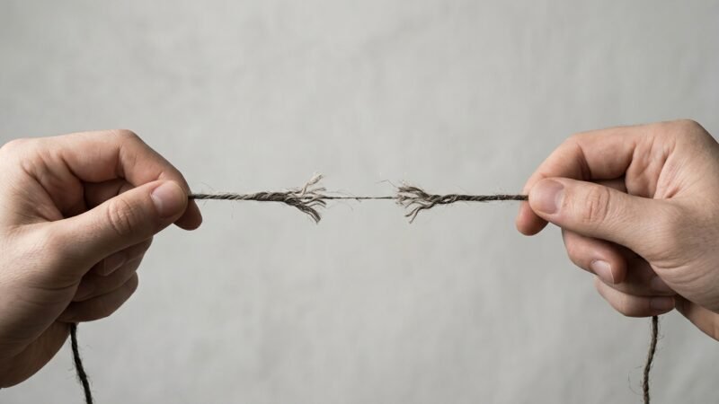 Duas mãos ligadas por um fio fino sobre fundo neutro, representando vínculos frágeis